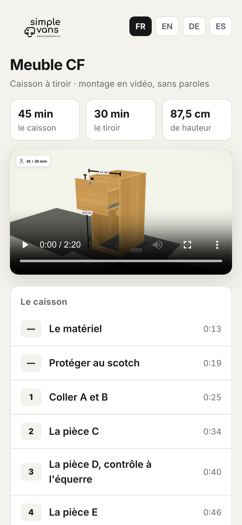 La page QR du meuble CF de Simple Vans sur un téléphone : la vidéo et ses chapitres